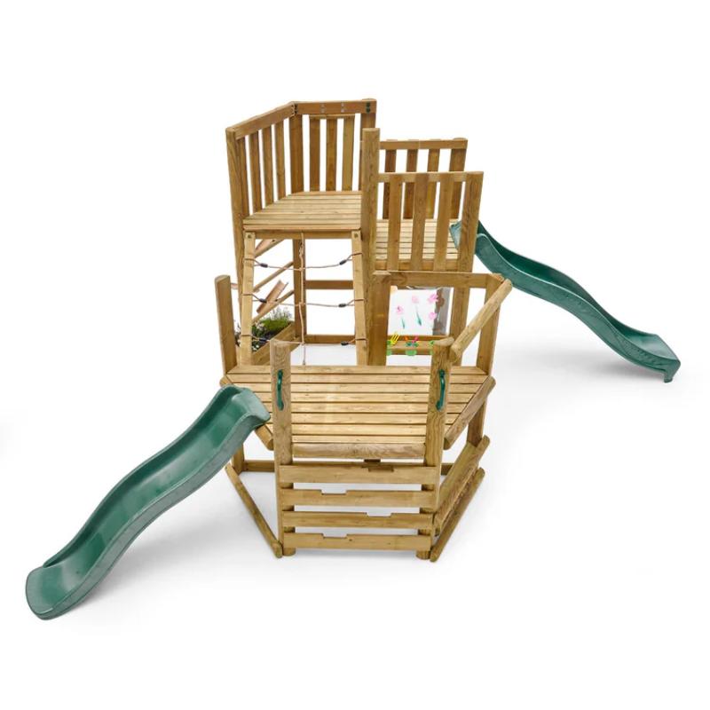 front-angle-view-of-wooden-playcentre-with-dual-slides-raised-platforms-and-rope-bridge