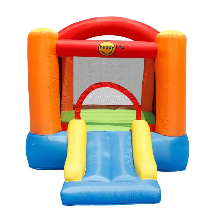 front-view-of-colourful-bounce-house-with-soft-entry-slide