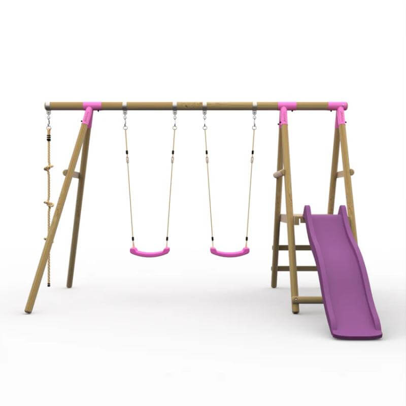 front-view-of-pink-wooden-swing-set-with-two-swings-platform-and-slide