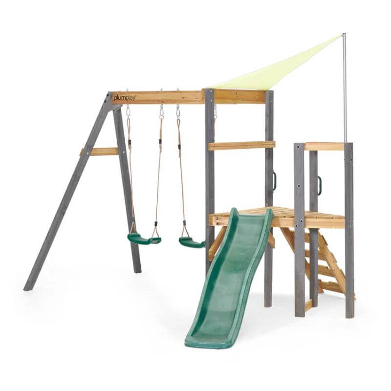front-view-of-plum-barbary-wooden-playcentre-with-double-swings-and-climbing-deck