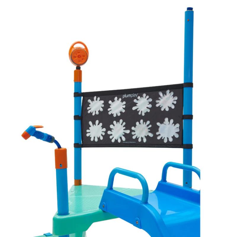 front-view-of-plum-play-water-park-shower-tower-with-blue-slide-and-splash-mat