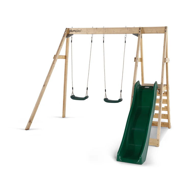 front-view-of-plum-tamarin-wooden-climbing-frame-with-two-swings-and-green-slide