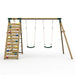 front-view-of-plum-uakari-wooden-swing-set-with-climbing-wall-and-two-green-swings