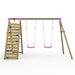 front-view-of-plum-uakari-wooden-swing-set-with-climbing-wall-and-two-pink-swings