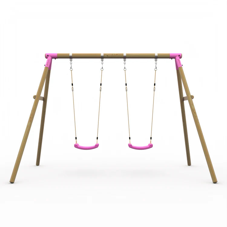 front-view-of-wooden-double-swing-set-with-pink-accents-and-two-pink-swing-seats-on-white-background