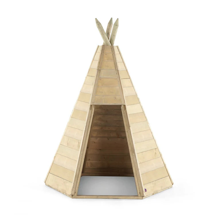 front-view-of-wooden-teepee-hideaway-with-open-entrance-and-exposed-ground-base-on-white-background