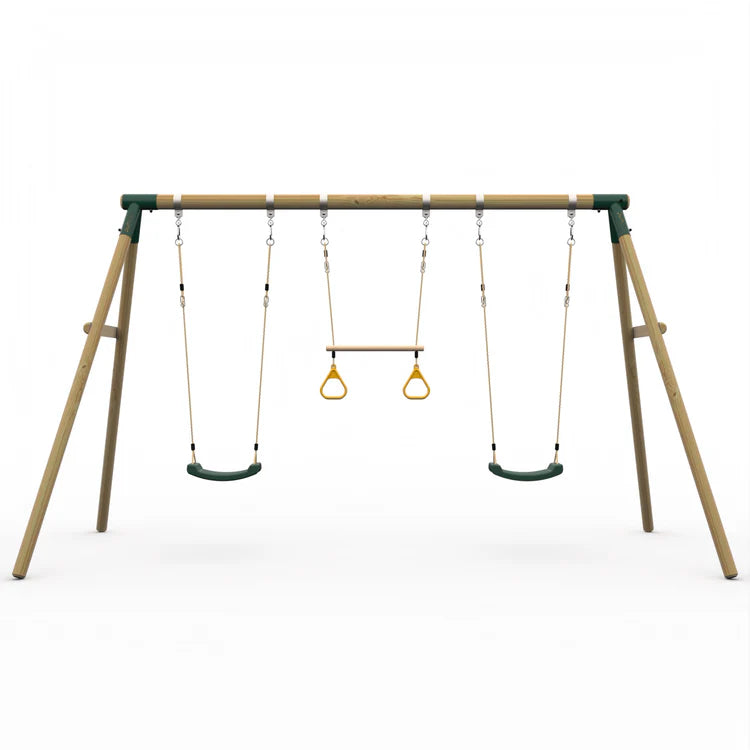front-view-of-wooden-triple-swing-set-featuring-two-green-swings-and-a-central-trapeze-bar-attachment-on-white-background
