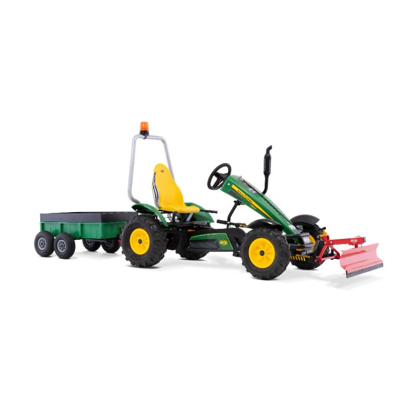 green-and-yellow-pedal-go-kart-with-trailer-front-blade-and-safety-beacon-on-white-background
