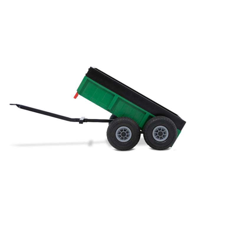 green-four-wheel-tipping-pedal-go-kart-trailer-with-raised-bed-on-white-background