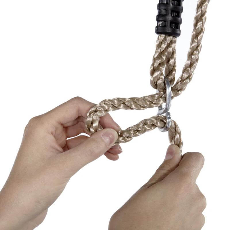 hands-adjusting-climbing-rope-height-using-metal-rings-and-black-rope-lock