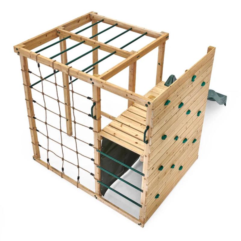 high-angle-view-of-wooden-climbing-cube-with-climbing-wall-and-monkey-bars
