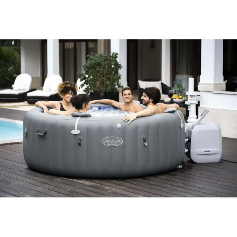 jacuzzi-lay-z-spa-santorini-hydrojet-pro-with-light-grey-pump-and-friends-chatting