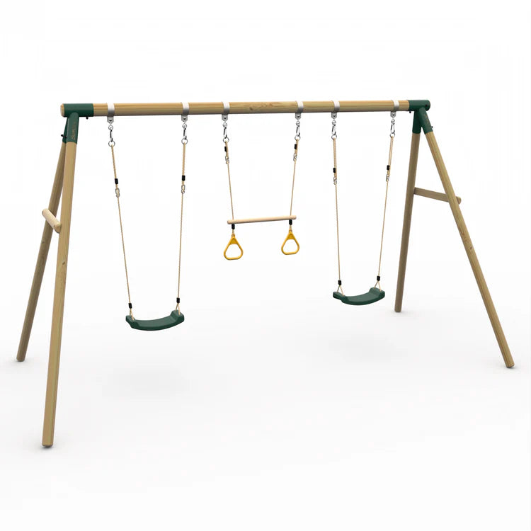 low-angle-perspective-of-wooden-mangabey-swing-set-with-green-seats-and-trapeze-bar-against-white-background
