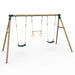 low-angle-perspective-of-wooden-mangabey-swing-set-with-green-seats-and-trapeze-bar-against-white-background