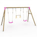 low-angle-perspective-of-wooden-mangabey-swing-set-with-pink-accents-and-matching-pink-swing-seats