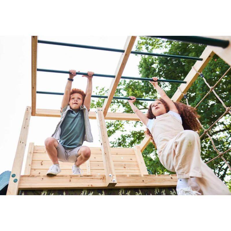 low-angle-view-of-children-swinging-on-monkey-bars-of-plum-wooden-activity-center