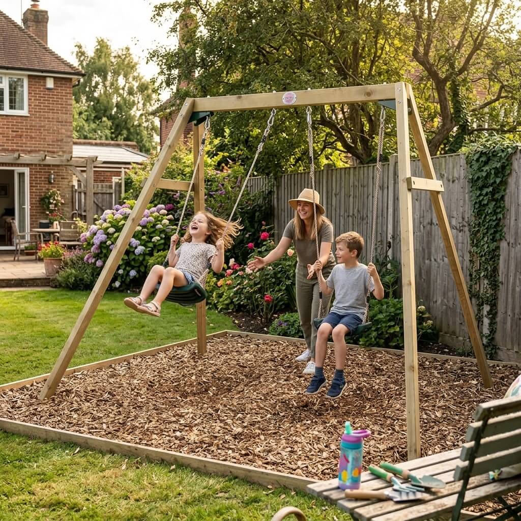 mum-pushing-two-children-on-a-timber-swing-frame-over-bark-play-area