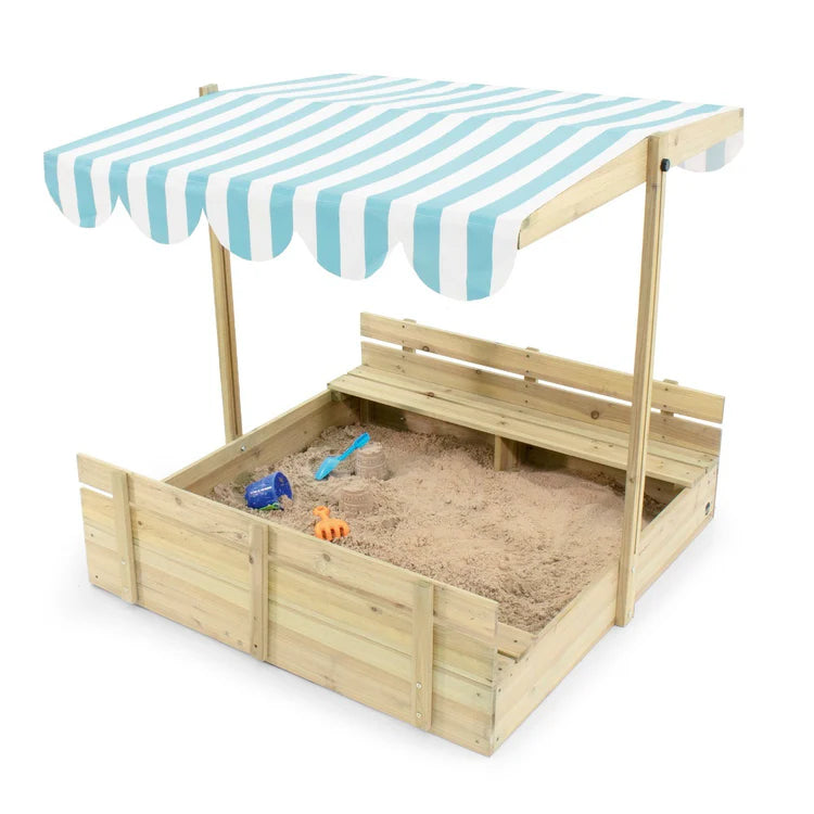 outdoor-sandbox-with-blue-striped-roof-and-integrated-bench