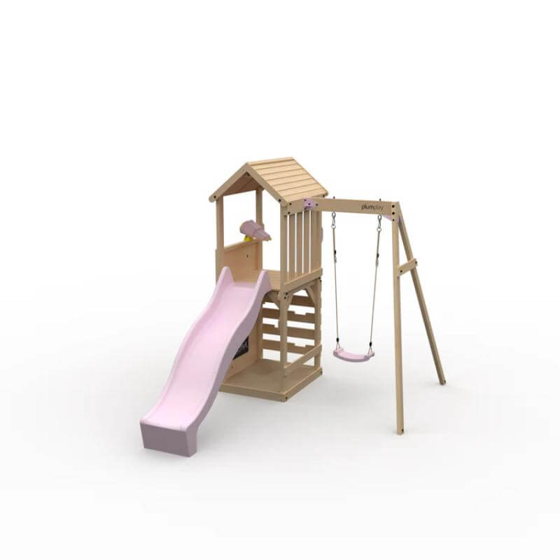 outdoor-wooden-adventure-tower-with-pastel-pink-slide-and-swing-seat