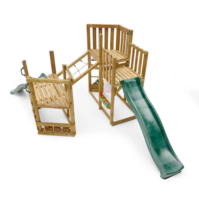 overhead-angle-view-of-wooden-playcentre-with-rope-bridge-raised-platforms-and-green-slide