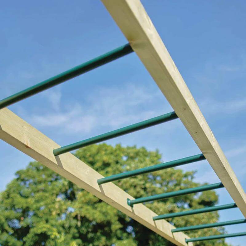 overhead-view-of-green-monkey-bars-attached-to-wooden-lookout-tower