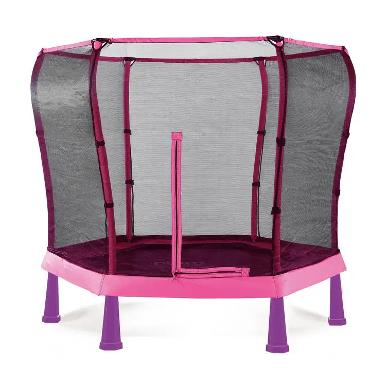 pink-childrens-trampoline-with-enclosure-and-purple-legs