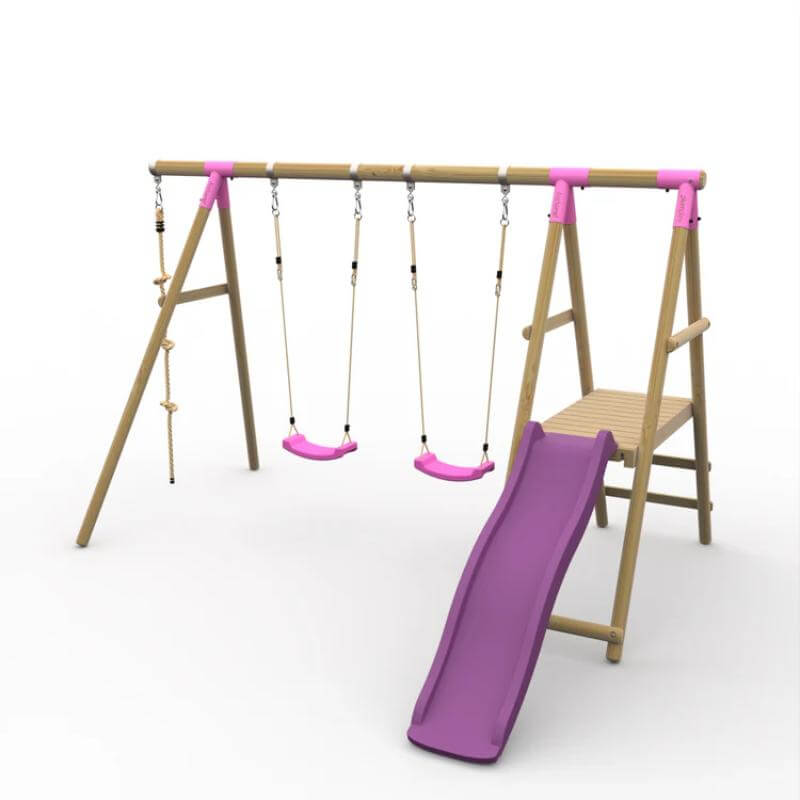 pink-wooden-swing-set-with-two-swings-platform-slide-and-climbing-rope