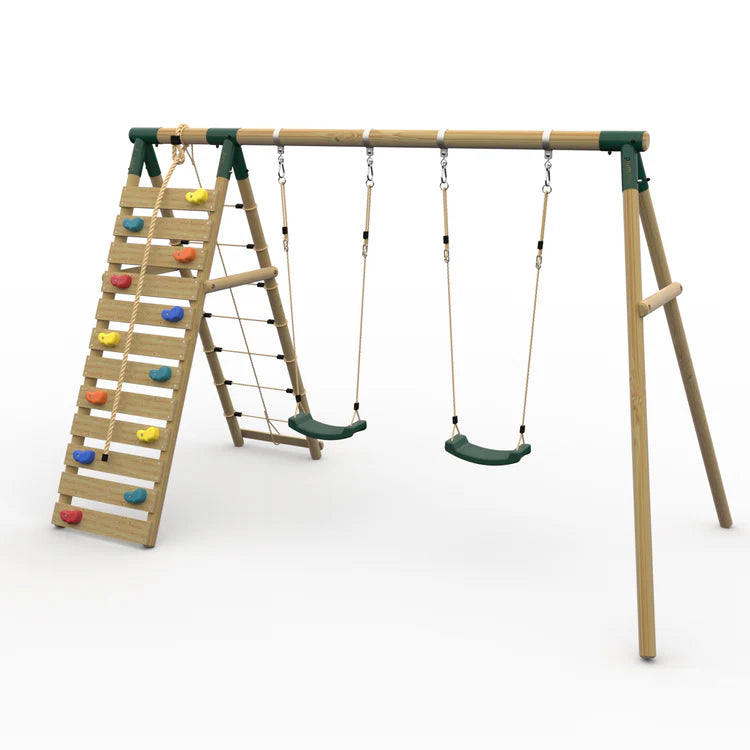 plum-uakari-wooden-swing-set-with-climbing-wall-rope-and-two-green-swings-angle-view