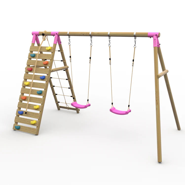 plum-uakari-wooden-swing-set-with-climbing-wall-rope-and-two-pink-swings-angle-view