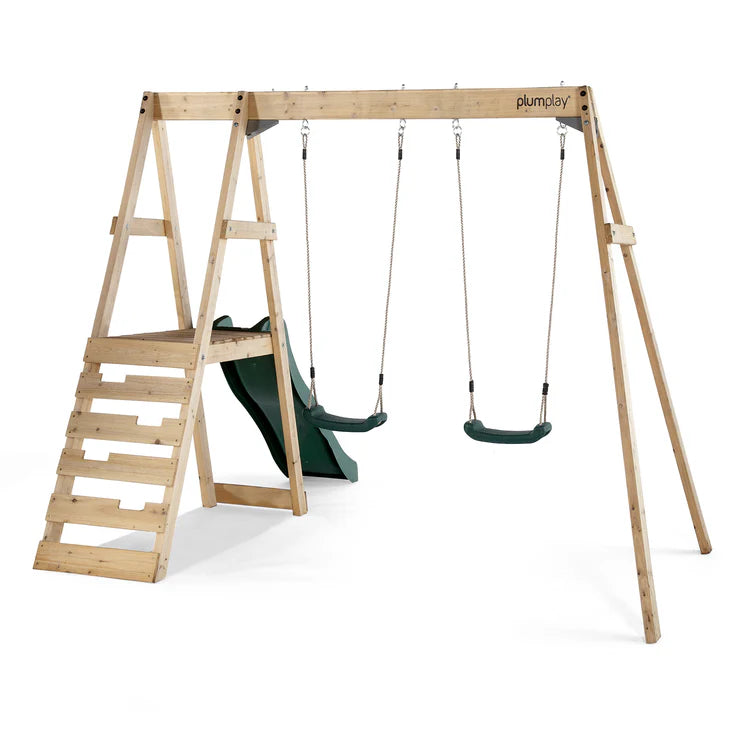 rear-angle-view-of-plum-tamarin-wooden-climbing-frame-with-platform-ladder-two-swings-and-slide