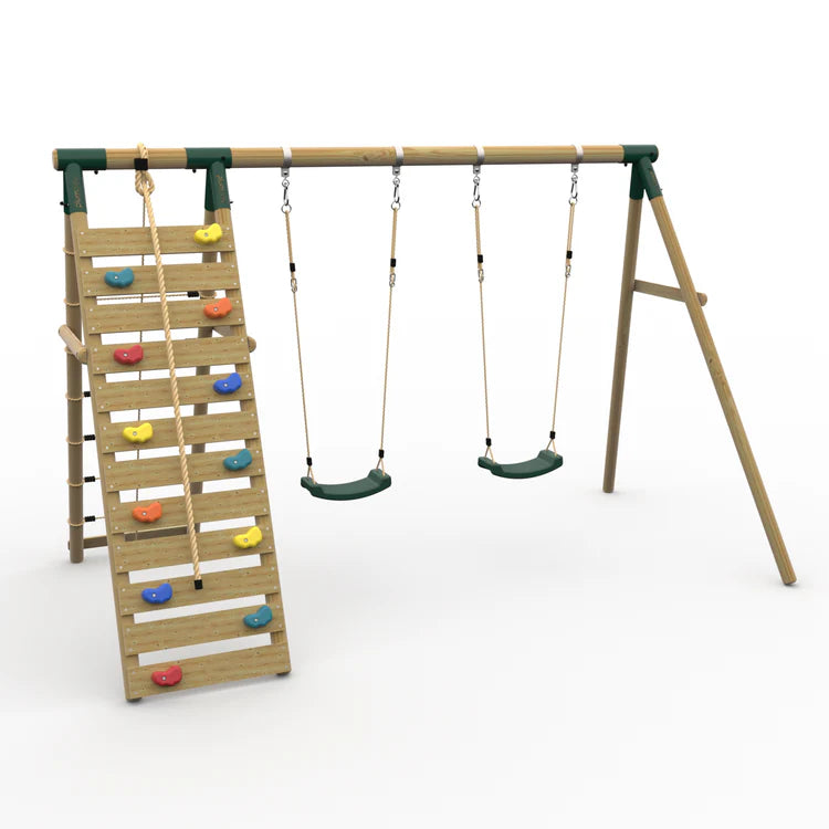 rear-angle-view-of-plum-uakari-wooden-swing-set-with-climbing-wall-and-two-green-swings