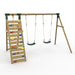 rear-angle-view-of-plum-uakari-wooden-swing-set-with-climbing-wall-and-two-green-swings