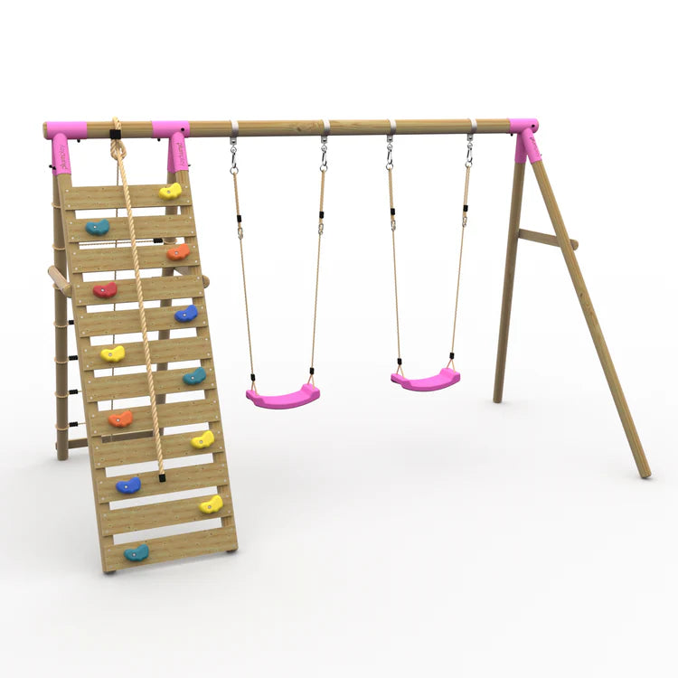 rear-angle-view-of-plum-uakari-wooden-swing-set-with-climbing-wall-and-two-pink-swings