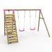 rear-angle-view-of-plum-uakari-wooden-swing-set-with-climbing-wall-and-two-pink-swings