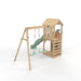 rear-angle-view-of-wooden-lookout-tower-with-two-swings-pastel-green-slide-and-roofed-platform