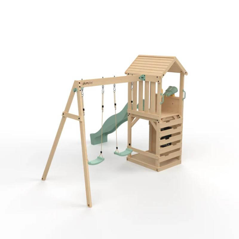 rear-angle-view-of-wooden-lookout-tower-with-two-swings-pastel-green-slide-and-roofed-platform
