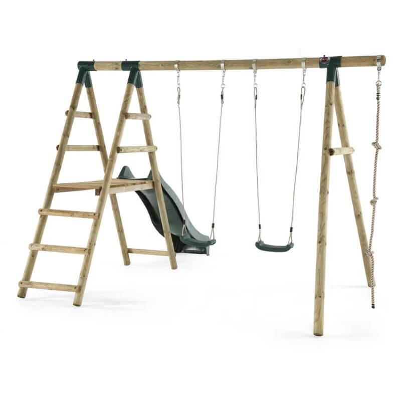 rear-angle-view-of-wooden-swing-set-with-two-swings-platform-slide-and-climbing-rope