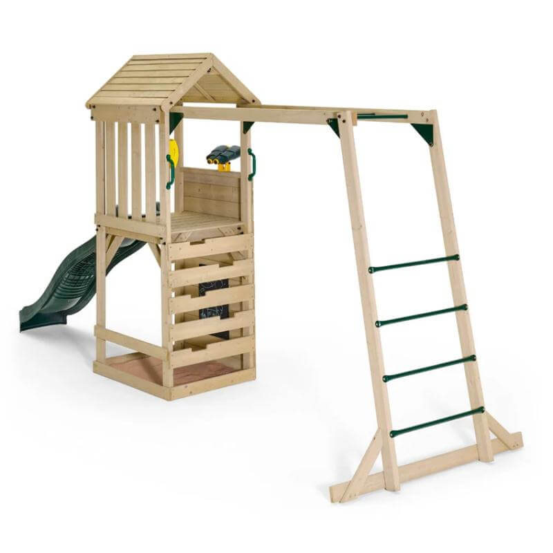 rear-view-of-wooden-lookout-tower-with-monkey-bars-green-slide-and-under-platform-chalkboard