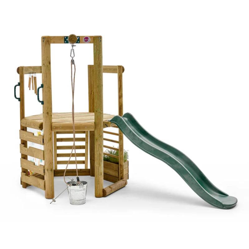 rear-view-of-wooden-playcentre-with-green-slide-bucket-pulley-metal-bucket-and-side-steps
