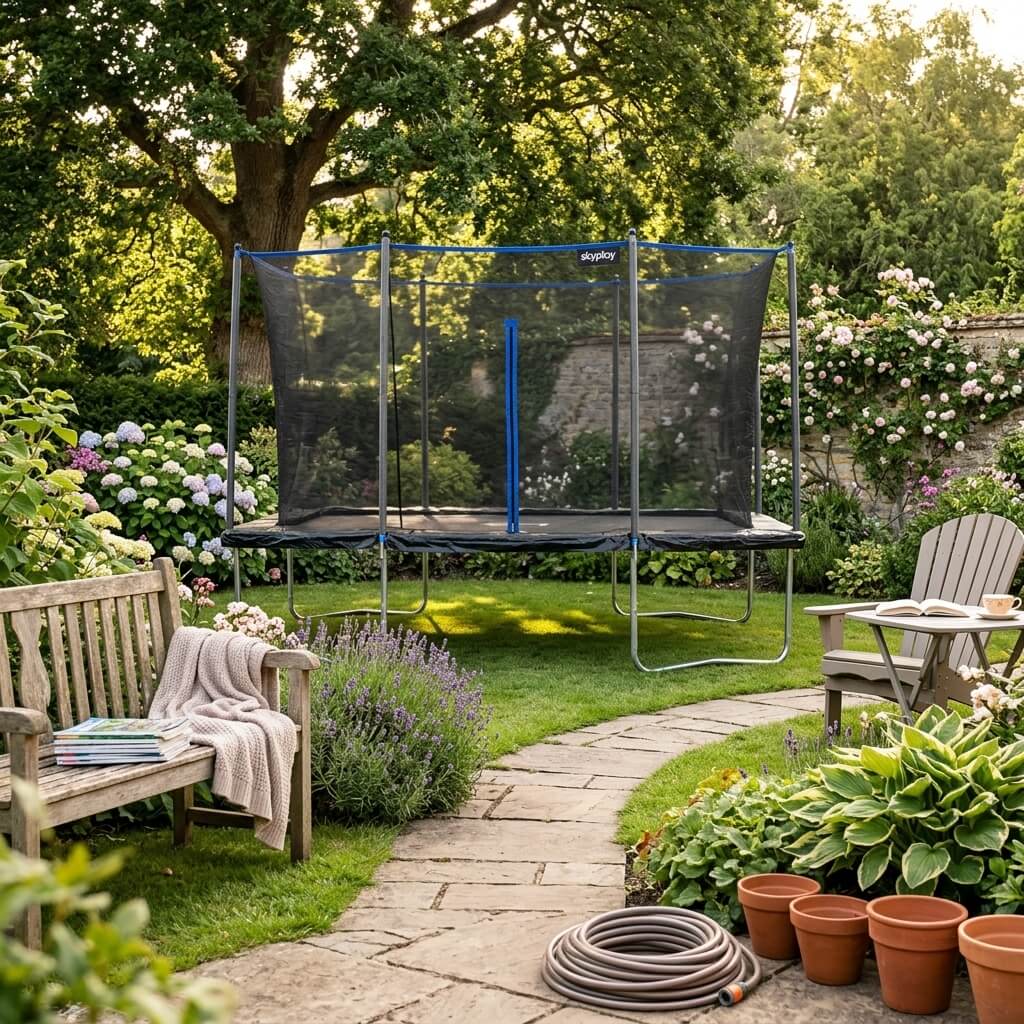 rectangular-backyard-trampoline-set-among-garden-path-and-benchseating
