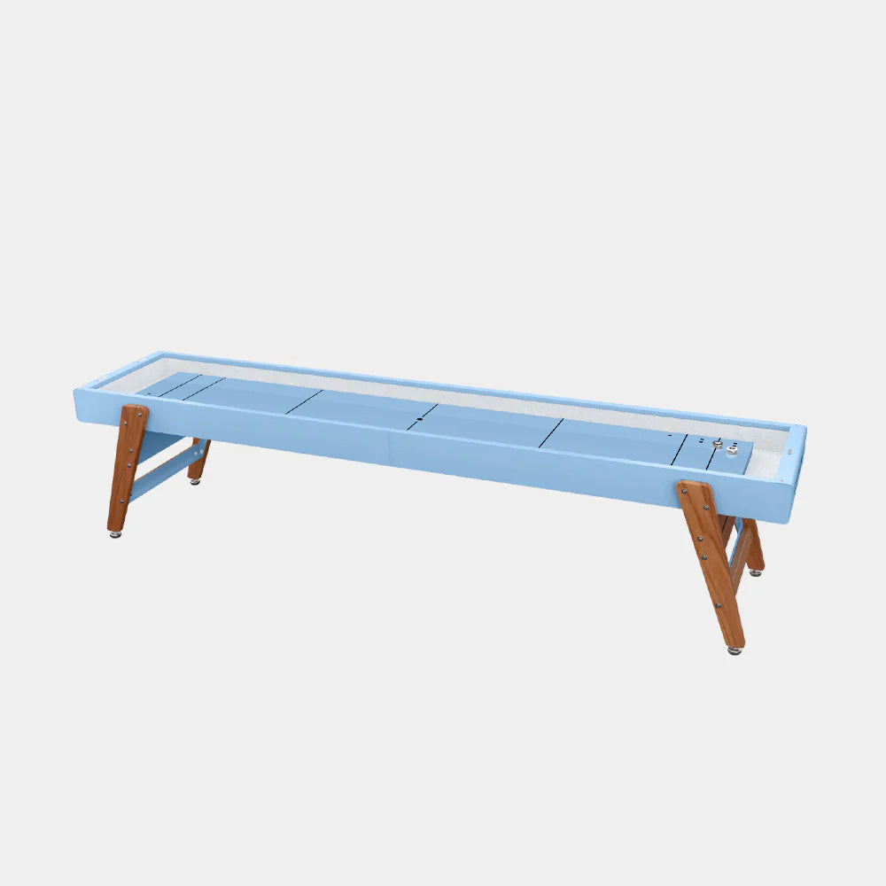 full-view-of-rs-barcelona-14ft-shuffleboard-table-in-cool-blue-on-white-background