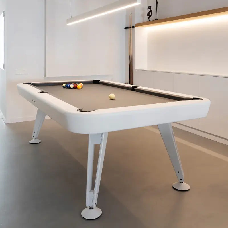 overview-of-rs-barcelona-indoor-pool-table-white-version-with-steel-legs-and-balls-are-formed-on-the-board
