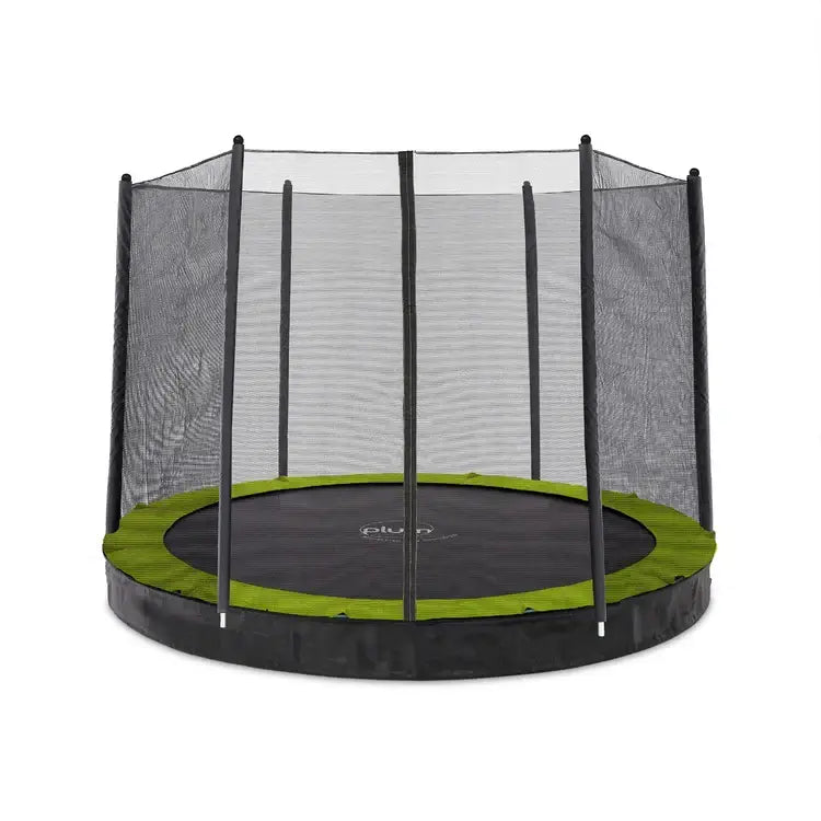 side-profile-of-sunken-garden-trampoline-featuring-safety-net-and-green-padding