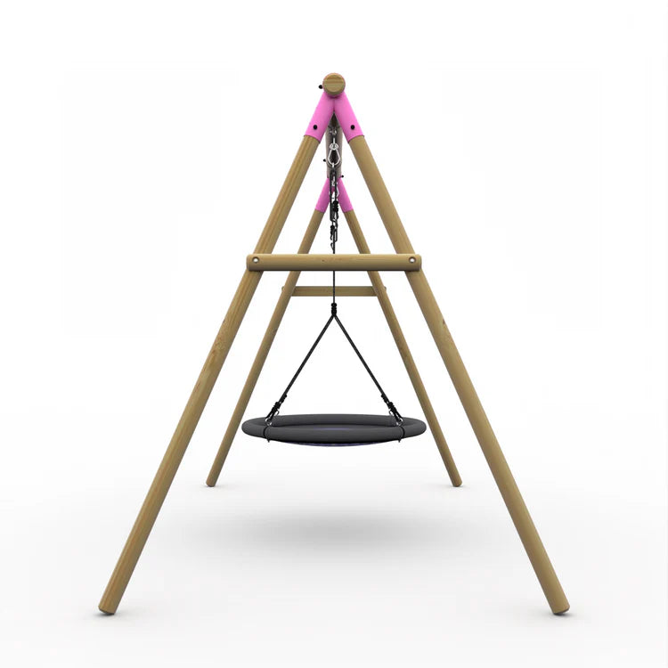 side-profile-of-the-spider-monkey-ii-swing-set-showing-the-a-frame-timber-structure-and-pink-hardware