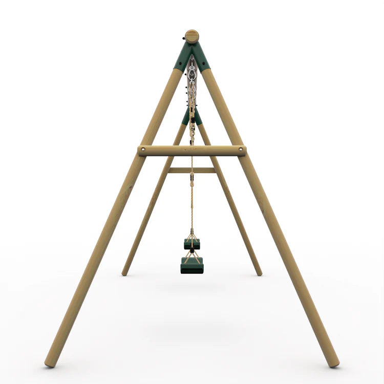 side-profile-of-wooden-mangabey-swing-set-structure-with-dark-green-metal-brackets