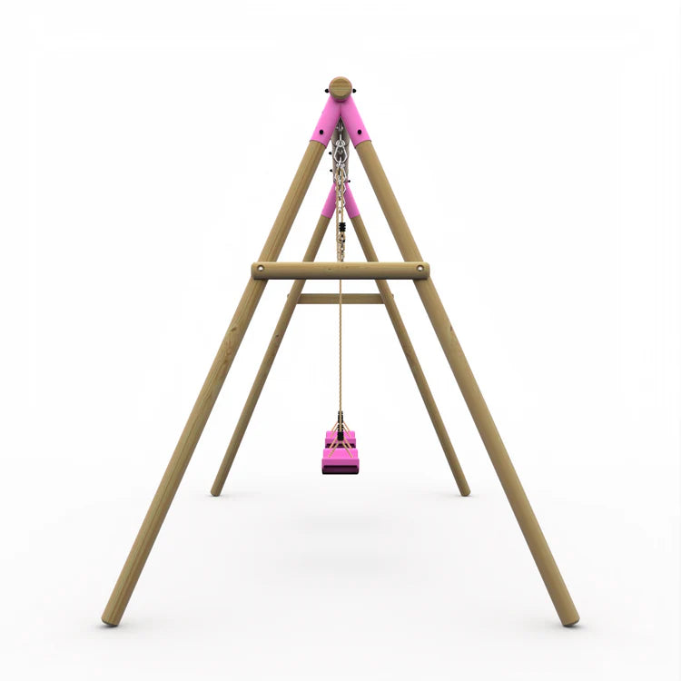 side-profile-view-of-a-frame-wooden-swing-set-structure-with-pink-metal-brackets-and-support-bar