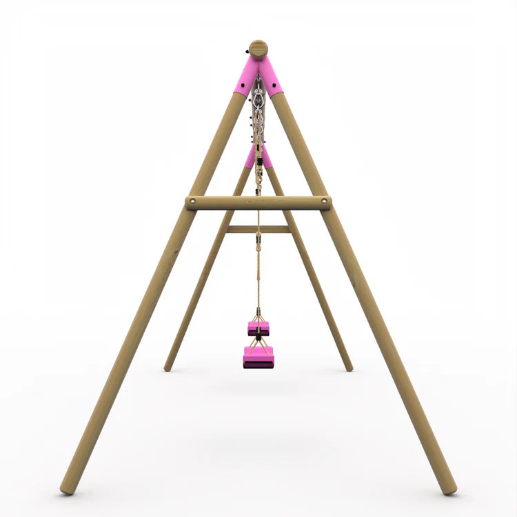 side-profile-view-of-a-frame-wooden-swing-set-with-pink-metal-brackets-and-support-bar
