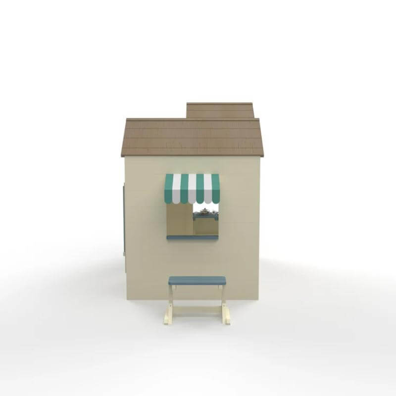 side-view-of-cream-wooden-playhouse-with-striped-serving-window-awning-and-matching-bench