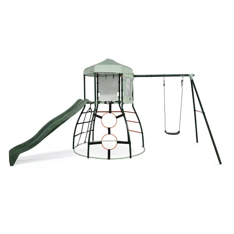 side-view-of-metal-climbing-dome-with-slide-single-swing-canopy-and-rope-climbing-frame