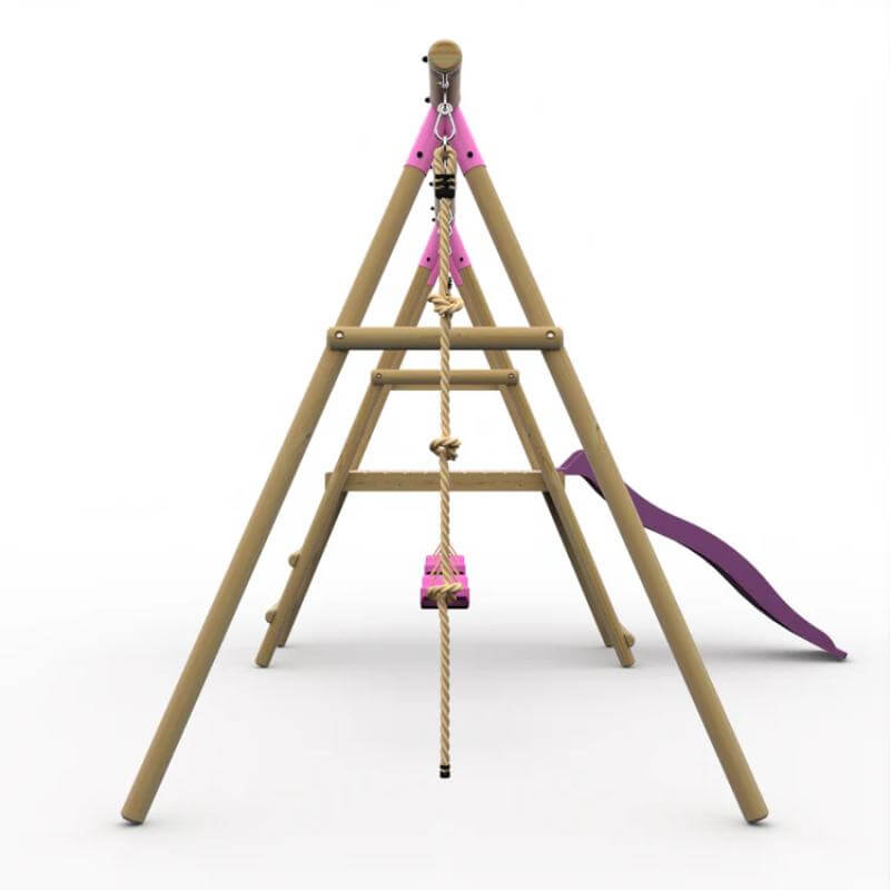 side-view-of-pink-wooden-swing-set-with-climbing-rope-platform-and-slide